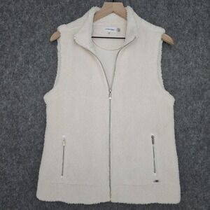 Calvin Klein Vest Womens M White White Sherpa Fleece Zip Pockets Collared‎ Lined